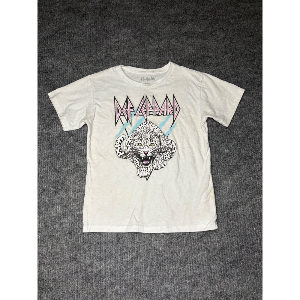 Def Leppard Kids Graphic T-Shirt White Leopard Rock Band Size M 7/8